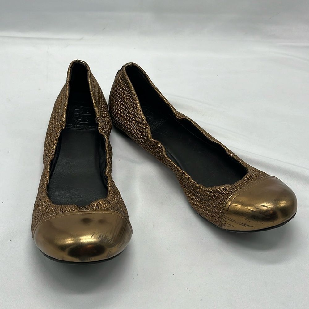 Metallic Gold Tory Burch Quilted Ballet Flats